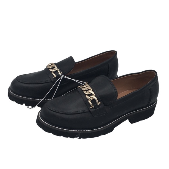 BCBG black Lug sole Loafers Vegan Leather with Gold Chain detail NWOT size 8 - Picture 2 of 16